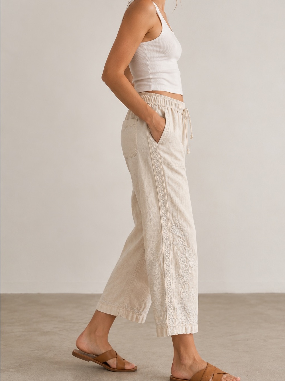 Linen Blend Embroidered Cropped Pants S Cream Boho Drawstring Rachel Roy